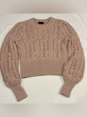 House of Harlow 1960 Blush Pink Pearl-Trim Cable Knit Sweater